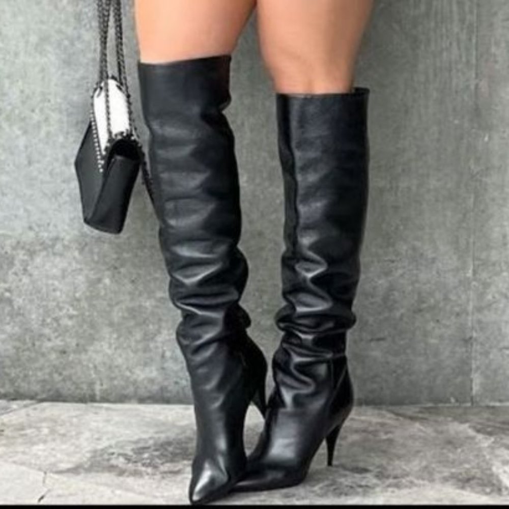 SAINT LAURENT KIKI 90mm Black Leather Over The Knee Heel Boots 40 - Picture 6 of 13